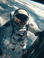 Man in Space Suit Looking Down at Earth