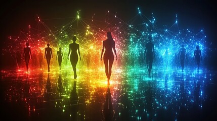 Silhouetted figures walking through a vibrant, colorful, interconnected network of light.
