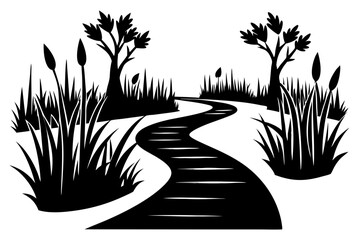 Wetland Trails Silhouette Linocut of Raised Pathways in Marshy Wetlands