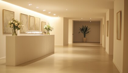 Fototapeta premium A modern, minimalistic reception area featuring white walls, a sleek desk, and decorative plants, creating a serene and inviting atmosphere.