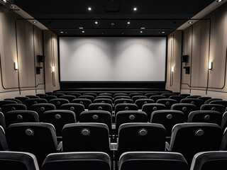 Fototapeta premium Empty movie theater with rows of black seats and a large projection screen 