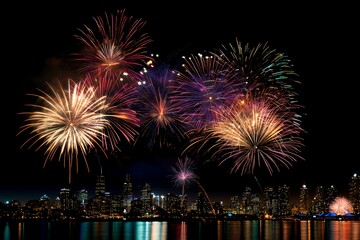 Vibrant Fireworks Display Over City Skyline at Night