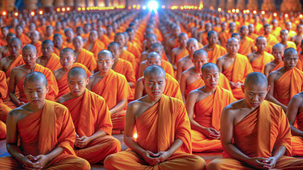 Fototapeta premium Theravada many enlightened Buddhist monks meditation family hall temple Asian