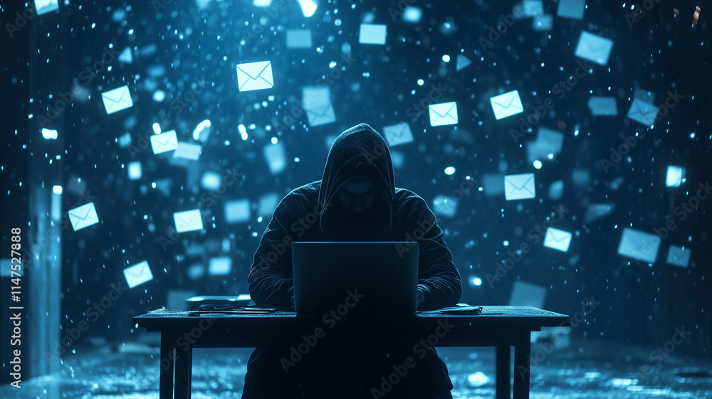 Poster hacker in black hoodie sits at table with laptop, surrounded by floating email icons and dark, moody