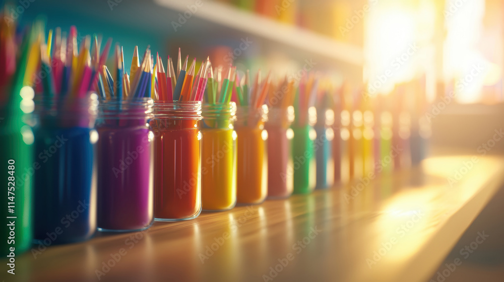 Poster A vibrant array of colorful jars filled with paintbrushes, capturing the essence of creativity and artistic expression in a bright, inviting workspace.