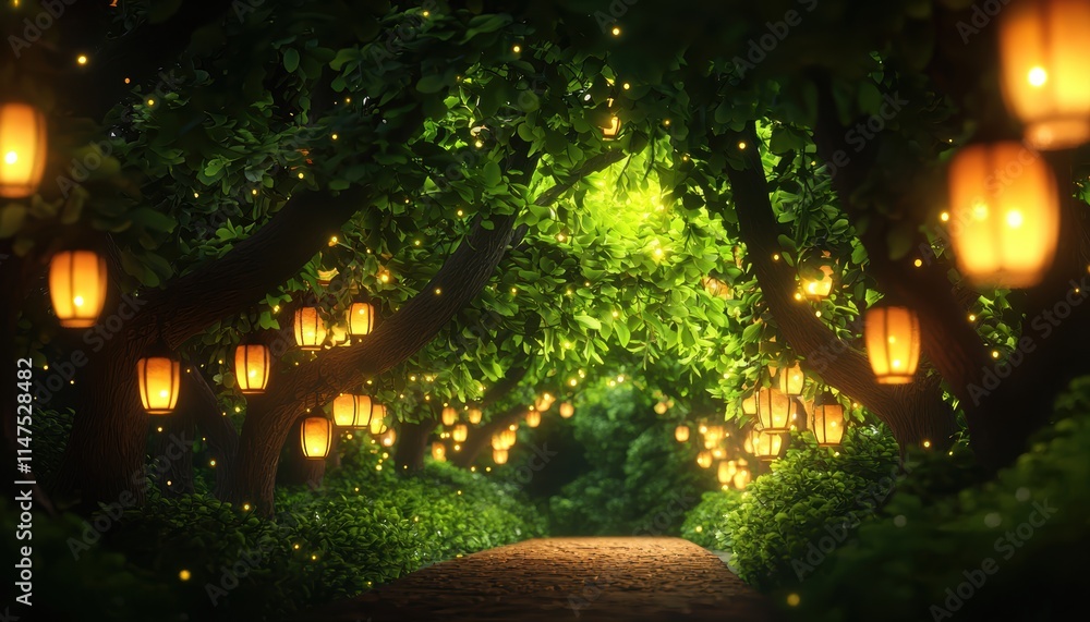 Poster a serene, enchanting path lined with glowing lanterns and lush greenery, creating a magical atmosphe