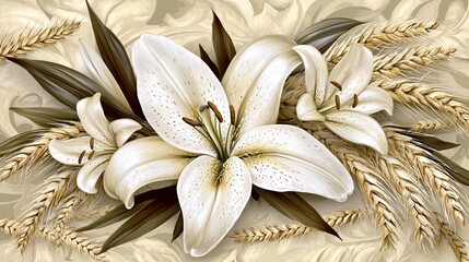 conceptual image of a lily flower fading into a field of economic plants like barley or wheat, representing the balance between ornamental cultivation and agricultural productivity. [Lily]:[Economic 
