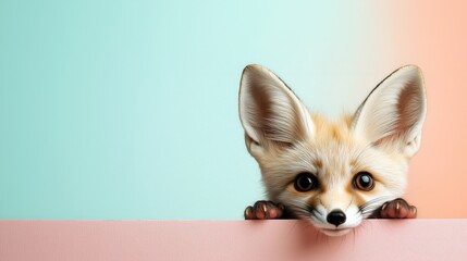 Obraz premium Adorable Fennec Fox with Large Ears Peeking Over a Pink Edge, Against a Soft Gradient Background – Playful Animal Wallpaper