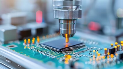 A close-up view of a precision tool working on a microchip, emphasizing technology and electronics manufacturing processes.