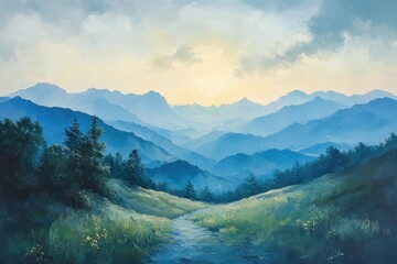 Obraz premium Serene Mountain Landscape at Sunrise, Tranquil Atmosphere, Nature's Beauty, Vast Horizon