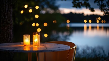 A serene lakeside scene features glowing candles on a table, with soft bokeh lights reflecting in the water at dusk.