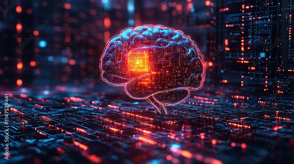 Poster abstract digital brain with glowing circuit board inside, representing artificial intelligence or ne