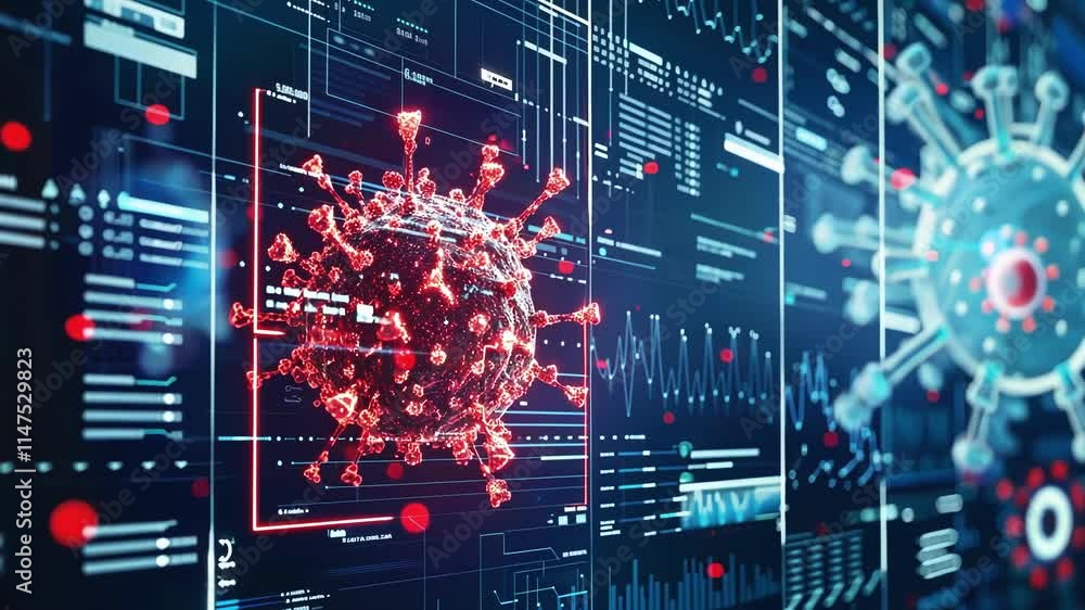 Poster big data analysis processing information about coronavirus infection, showing a 3d rendering of the 