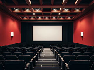 Obraz premium Empty movie theater with rows of black seats and a large projection screen 