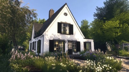 Charming white cottage with black shutters, surrounded by lush greenery. Ideal for real estate, travel, or home decor websites showcasing idyllic homes.