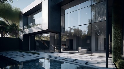 Fototapeta premium Modern house with glass walls, pool, and lush greenery.