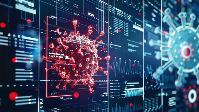 Big data analysis processing information about coronavirus infection, showing a 3d rendering of the virus and several statistics on a digital monitor - Powered by Adobe
