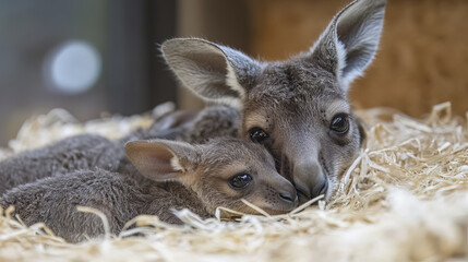 Fototapeta premium Caring kangaroo mother with her baby resting in soft straw