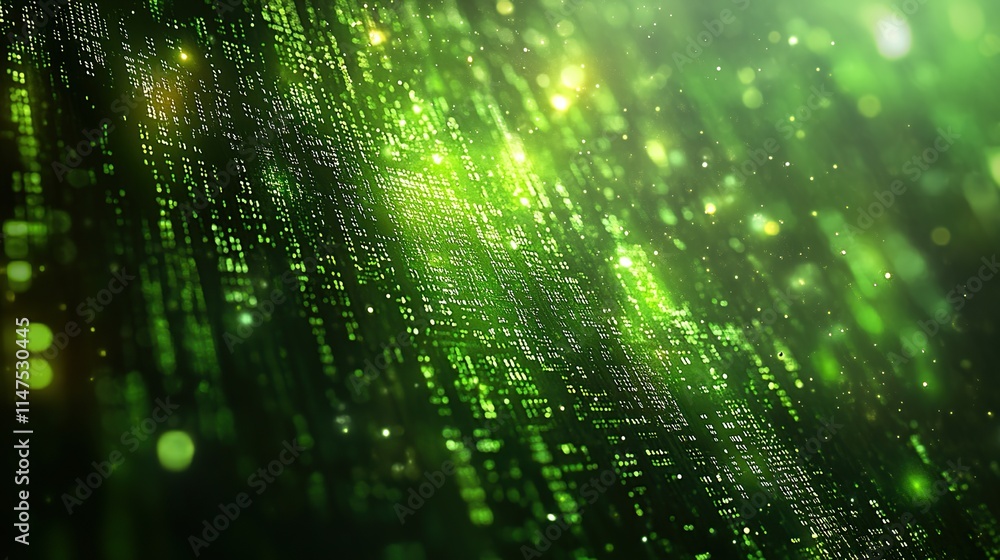 Poster abstract green digital data stream background with glowing particles and bokeh effect.