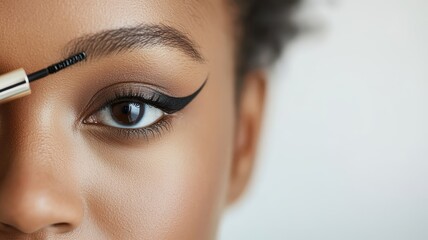 Naklejka premium A close-up of a woman applying eyeliner, showcasing her striking eye makeup and well-groomed eyebrows against a neutral background.