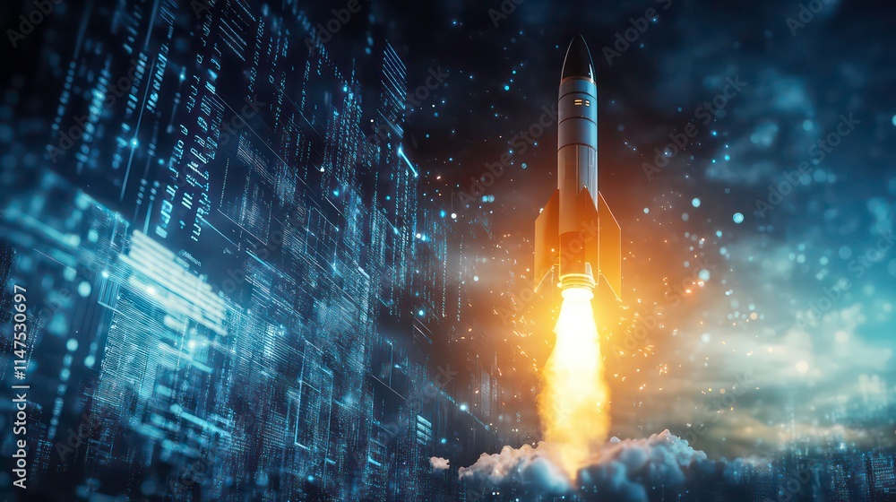 Poster Rocket launching through digital code, representing technological innovation and space exploration.