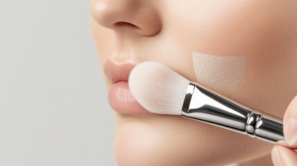 A close-up view of a person's lips and cheek, showcasing a makeup brush applying foundation or concealer.