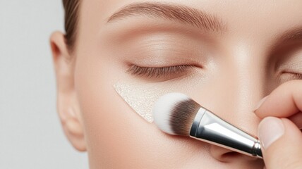 A close-up of a woman applying cosmetic powder under her eye using a makeup brush, showcasing beauty and skincare techniques.