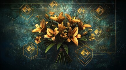 bouquet of lilies, overlaid with an image of transaction symbols, representing their role in the floral market. | [Lily]:[Economic plant] 