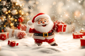 Christmas 3d Santa Wallpaper with Christmas tree, ornaments, and falling snow, for a Christmas card or backdrop, with a festive, playful, and bright feel
