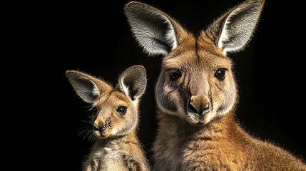 Fototapeta premium Close up portrait of adult and baby kangaroo on black background, showcasing their features