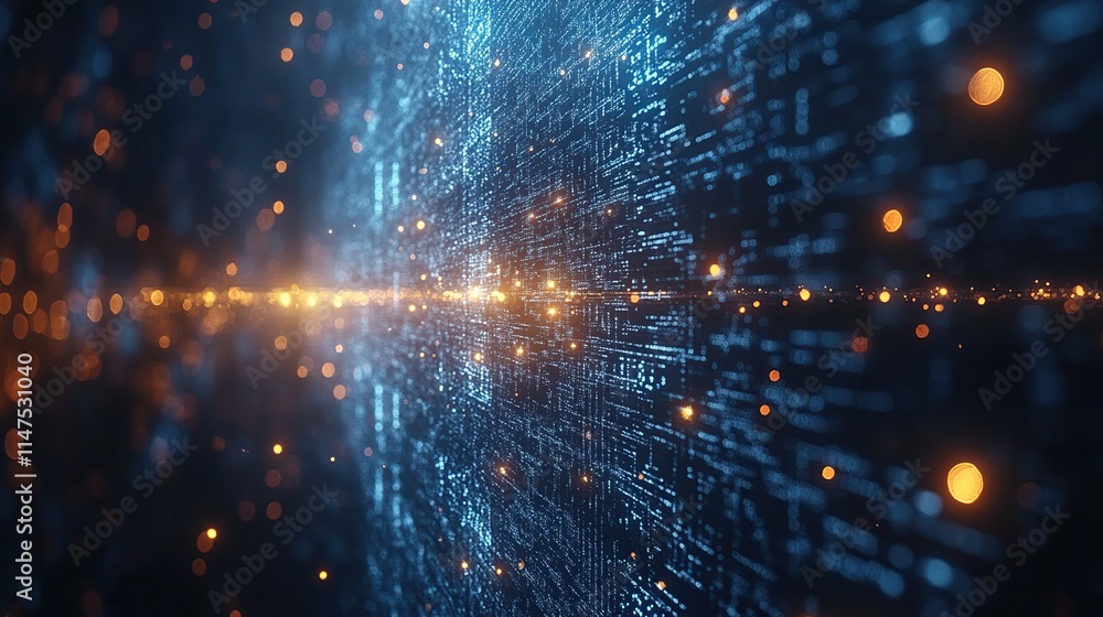 Poster abstract digital data stream, glowing particles, binary code, futuristic technology background.