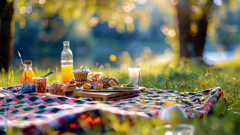 Poster hazy picnickers relaxing on checkered blankets and indulging in tasty snacks.