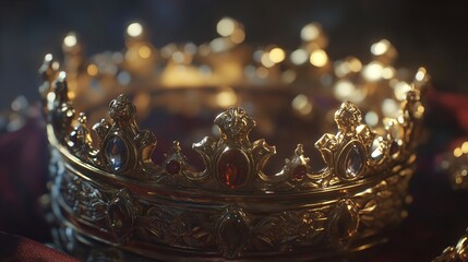 Close up of a golden crown with red gemstones, resting on a dark background.