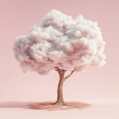 Surreal tree with a fluffy cloud-like canopy on a soft pink background  

