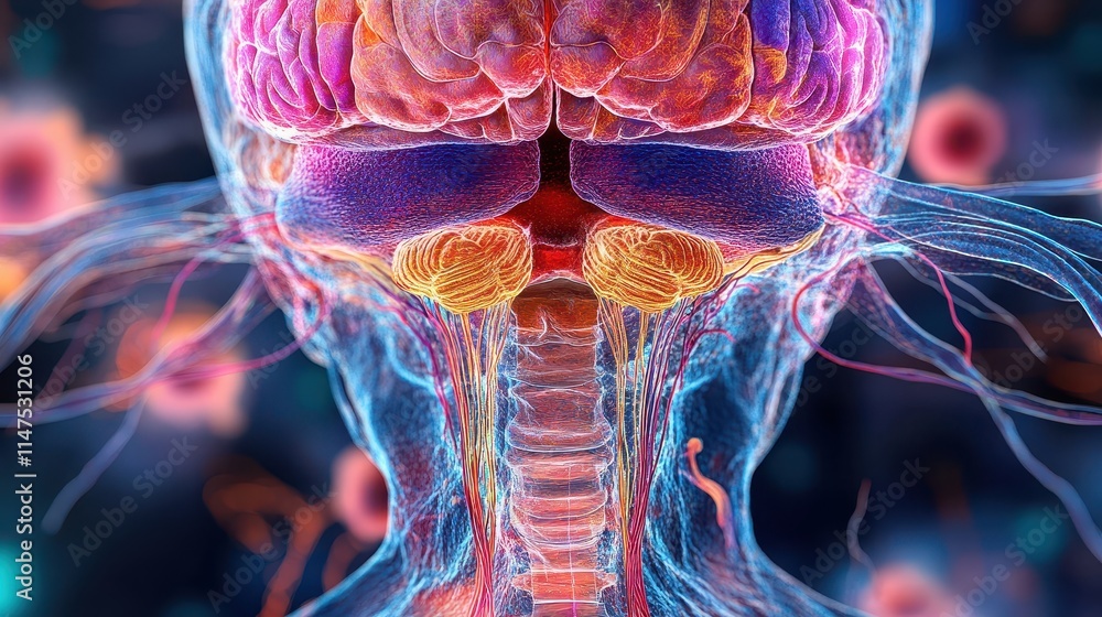 Poster vibrant 3d rendering of the human brain and spinal cord, showcasing intricate neural pathways. ideal