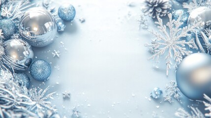 A modern holiday banner featuring sleek silver and blue decorations, shimmering snowflakes, and a blank section for personalized greetings