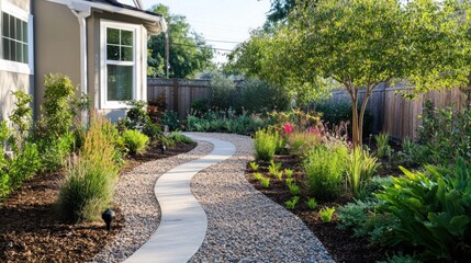 Fototapeta premium A winding stone path leads through a lush, landscaped garden with a wooden fence and a house in the background.