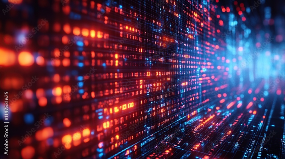 Poster abstract digital data stream, glowing red and blue binary code, futuristic technology background.