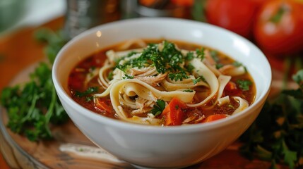 classic chicken noodle soup with a vibrant mix of vegetables and perfectly cooked noodles, topped with fresh parsley