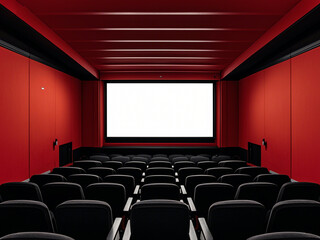 Fototapeta premium Empty movie theater with rows of black seats and a large projection screen 
