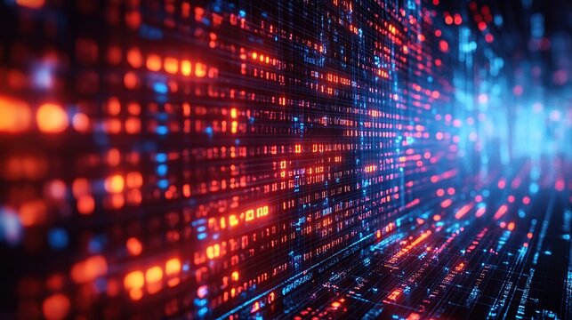 Abstract digital data stream, glowing red and blue binary code, futuristic technology background.