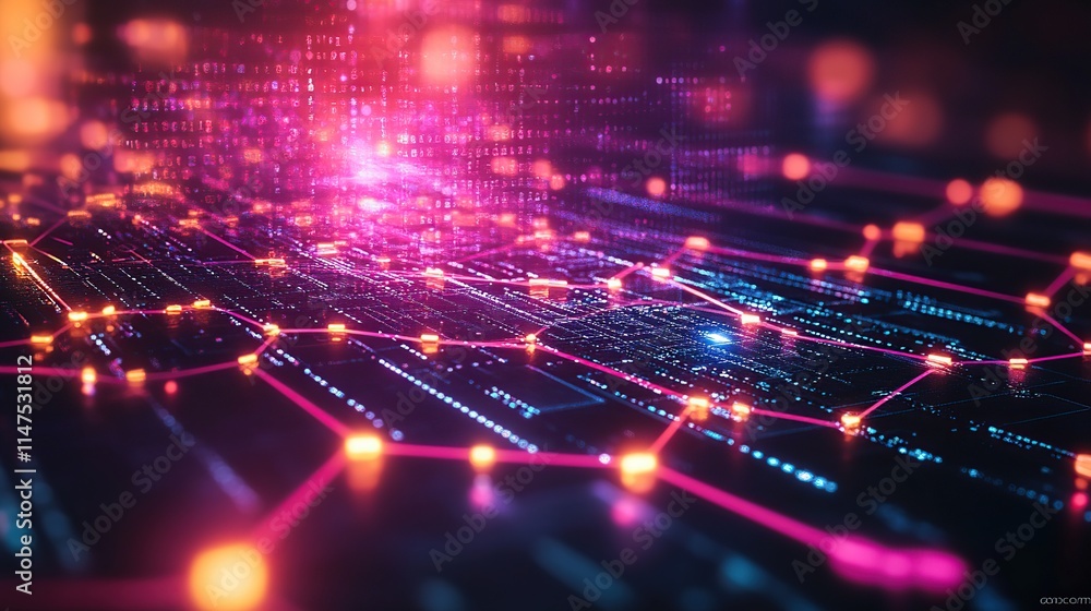 Poster abstract digital network connection with glowing nodes and lines.