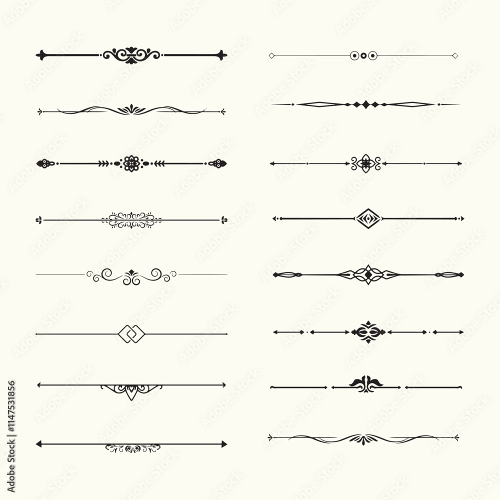 Fototapete set of text delimiters and scroll elements, ornate vintage frames