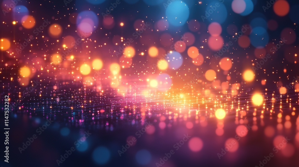Poster abstract colorful bokeh lights background with glowing particles and vibrant colors.
