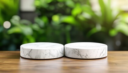 minimalist round marble podium presentation concept. Two round marble coasters on a wooden table, surrounded by lush green plants.