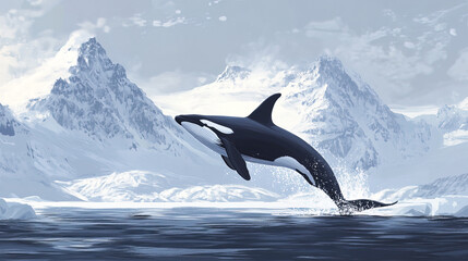 Fototapeta premium killer whale leaps gracefully from icy waters near snowy mountains