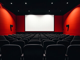 Fototapeta premium Empty movie theater with rows of black seats and a large projection screen 