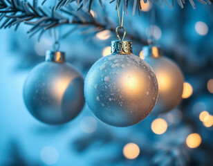 Blue frosted christmas ornaments on tree branch