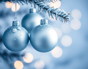 Blue frosted christmas ornaments on tree branch