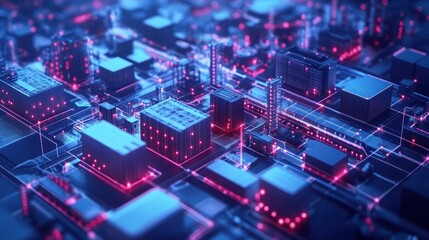 Obraz premium Abstract digital city with glowing neon lights.